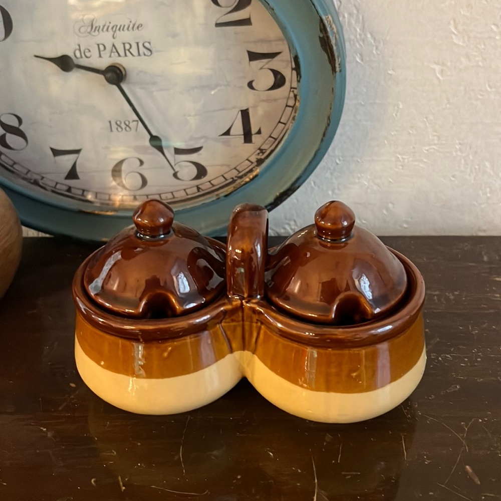 Vintage Armbee Pottery Duel Mini Twin Ceramic Crocks Condiment Server
